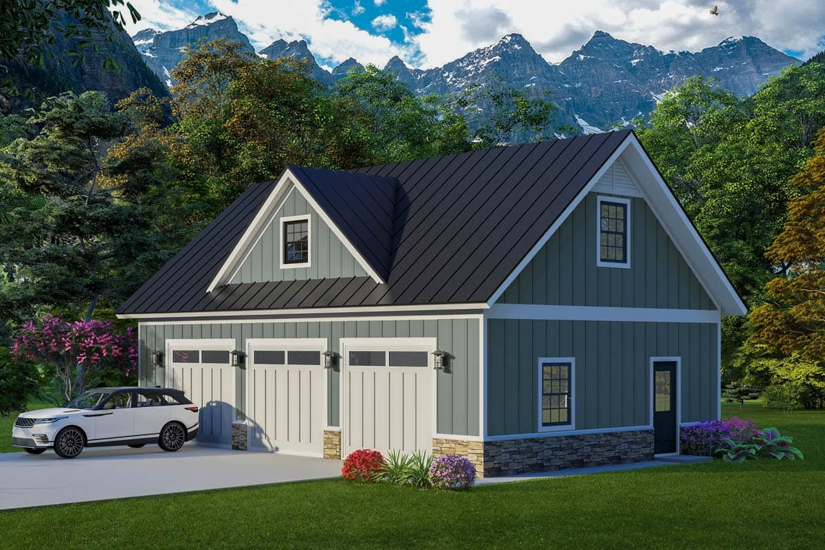 House plan exterior with Craftsman style. Features include a metal roof, gabled dormer, and attached 3-car garage with overhead doors.