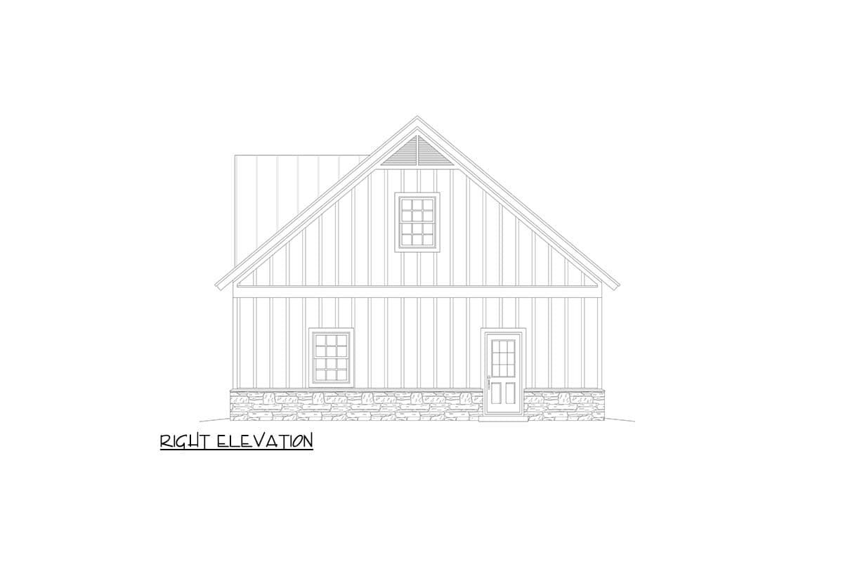House plan right elevation with vertical siding, stone foundation, gable vent, and paneled door.