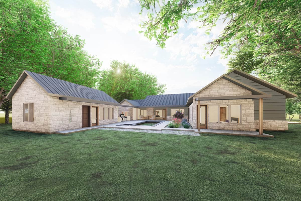 House plan exterior: single-story U-shaped home with stone facade, metal roof, and courtyard.