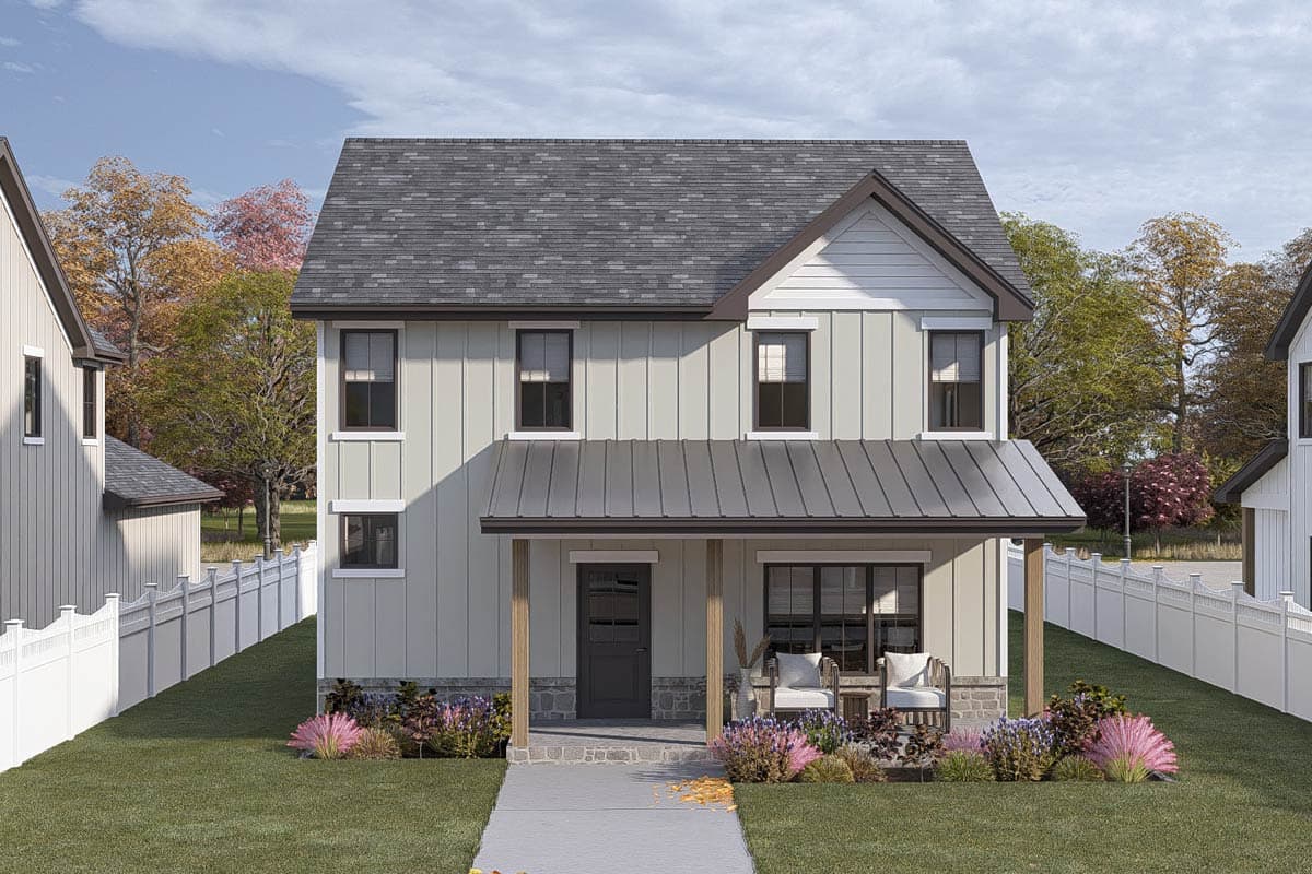 House plan exterior. Two-story farmhouse with a metal roof, front porch with stone accents, and gabled roofline.
