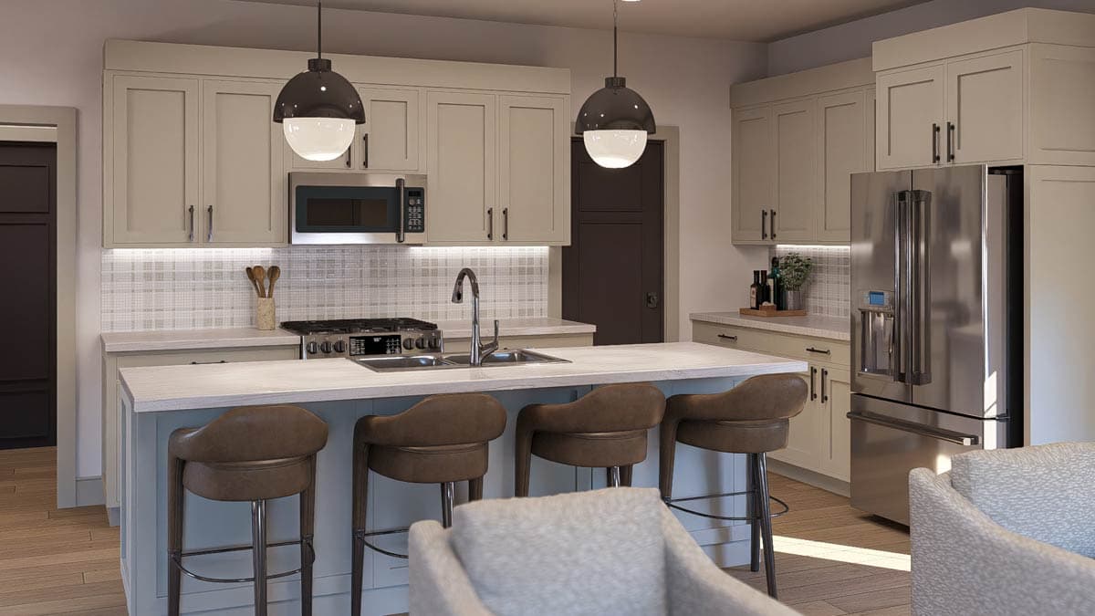 Contemporary kitchen with island, stainless steel appliances, tile backsplash, and pendant lighting.
