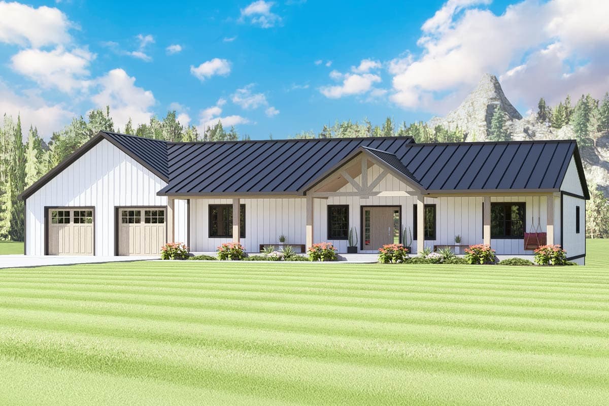 House plan exterior. Modern farmhouse style with a single story, front porch, shed roof, and two-car garage. Board and batten siding.
