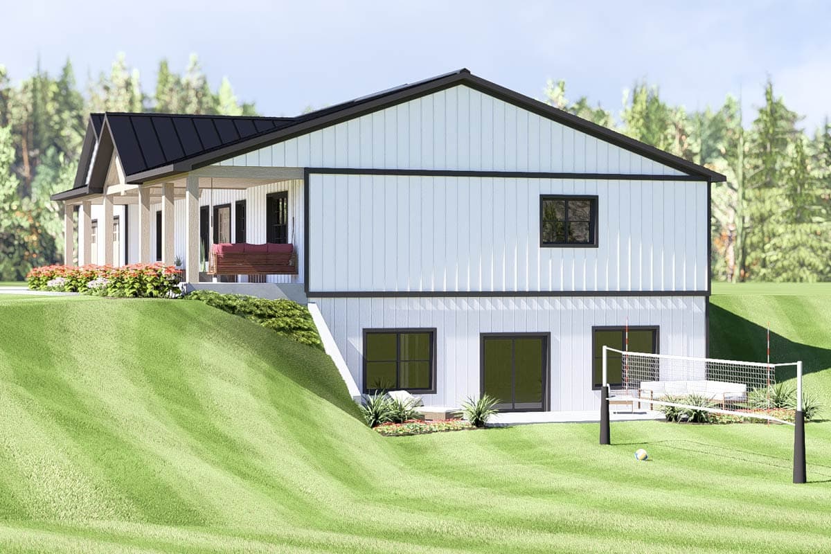 Modern Farmhouse house plan exterior with a covered porch, board and batten siding, and gabled roof.