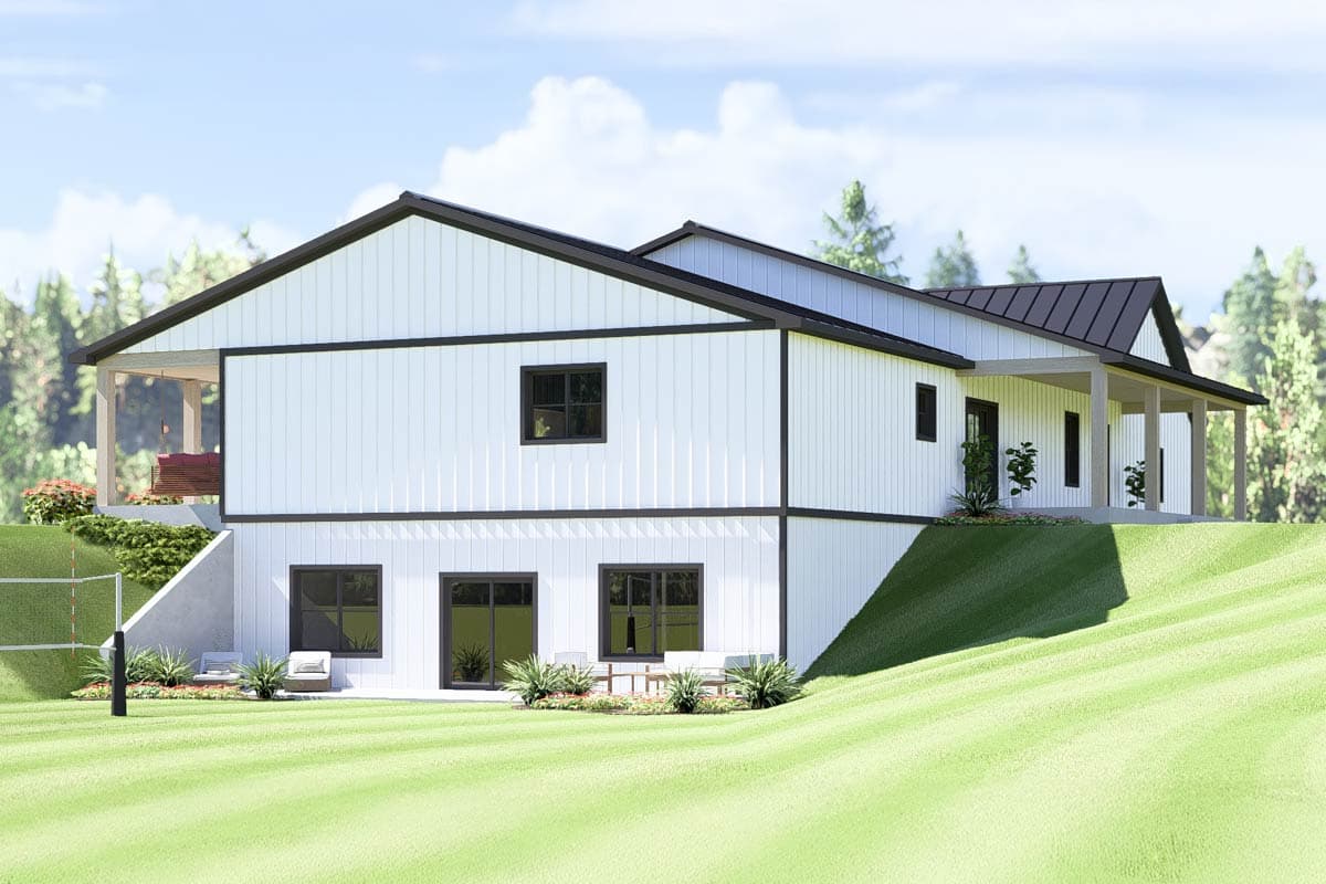 Modern Farmhouse house plan exterior with white vertical siding, two stories, a covered porch, and multiple gables.