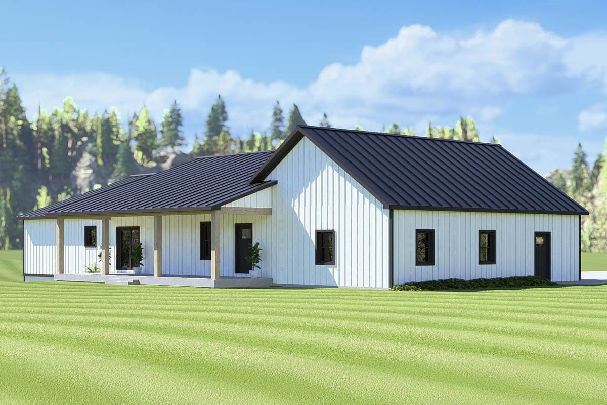 House plan exterior: Modern Farmhouse style, single story, with a metal roof, board and batten siding, and a covered front porch.