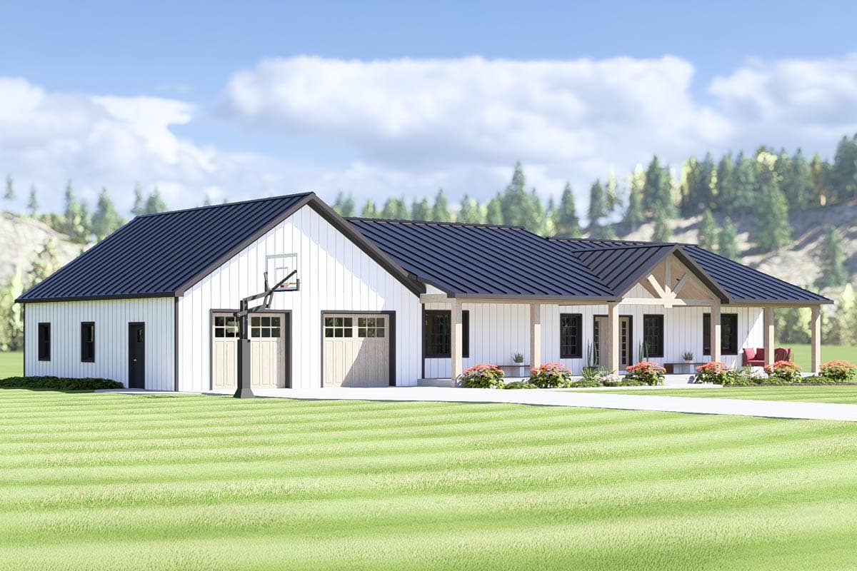 House plan exterior: Modern Farmhouse style, one story, with metal roof, two-car garage, and covered porch.