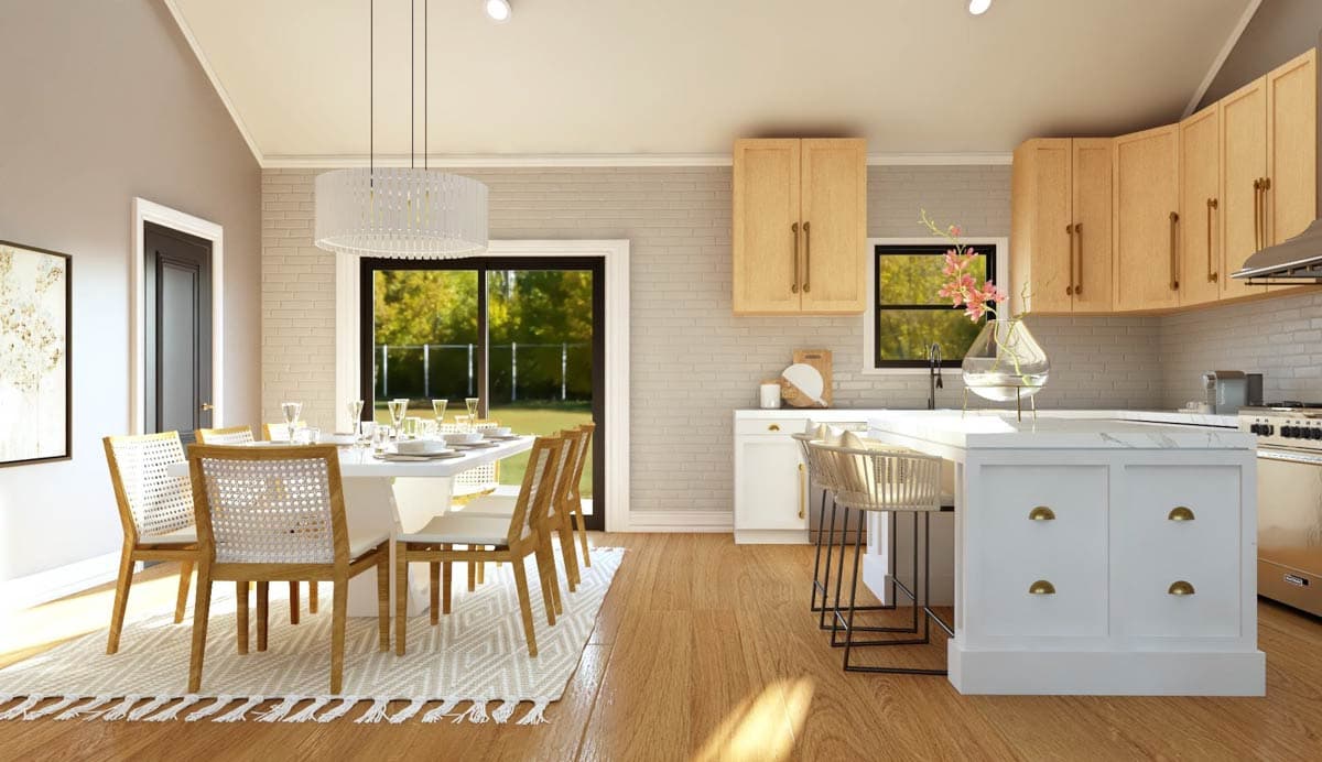 Interior rendering of an open concept kitchen and dining area with a white island, light wood cabinetry, and dining table.