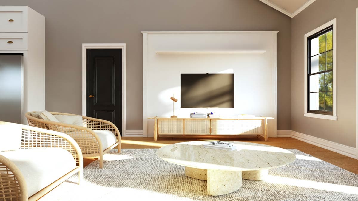 Interior rendering of a living room with a media console, coffee table, rattan chairs, and a black door.
