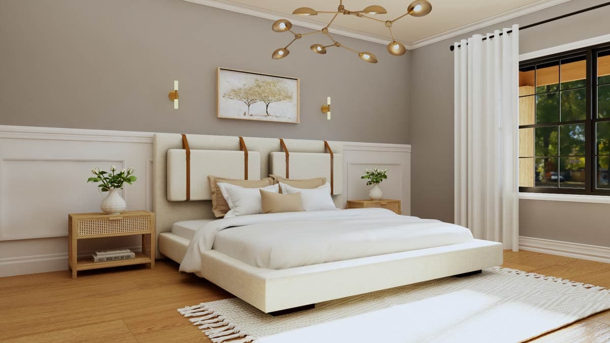 Bedroom with low platform bed, tufted headboard, nightstand, wall art, and large window with white curtains.