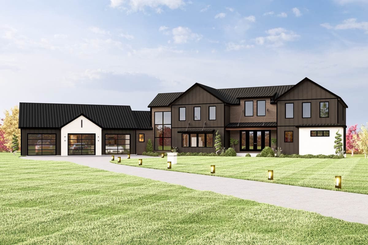 House plan exterior. Two-story modern farmhouse with black metal roof, two-car garage, and a mix of horizontal and vertical siding.