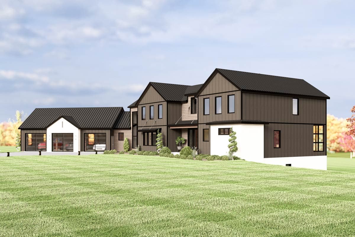 House plan exterior showing a modern multi-story home with a detached three-car garage, metal roofs, and large windows.