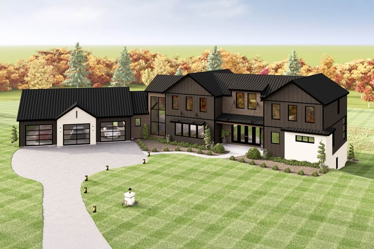 House plan exterior: Modern style, two-story with a three-car garage, dark siding, metal roof, and large windows.