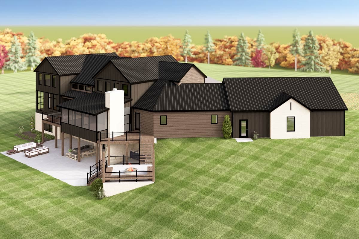 Modern house plan exterior with multiple gables, metal roof, screened porch, and multi-level decks.