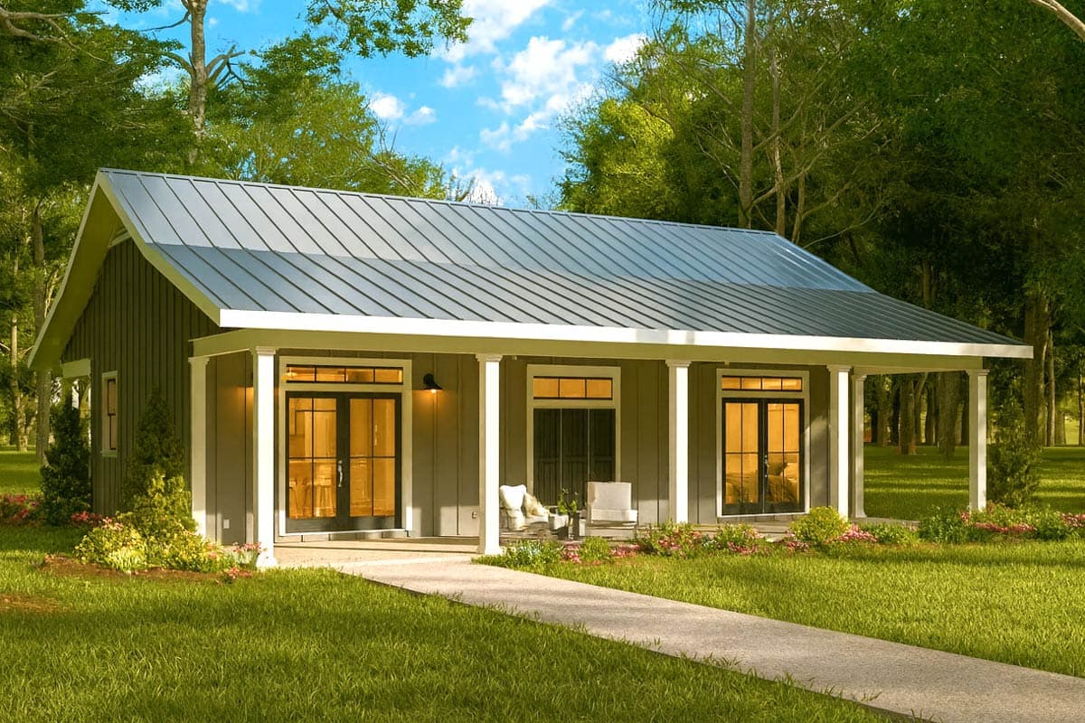 House plan exterior of a one-story home with a metal gable roof, covered front porch with columns, and double glass doors.