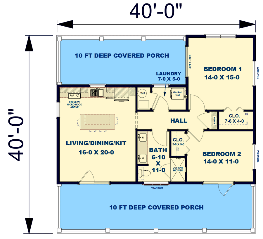 Plan 25058DH: 2-Bed Country Vacation House Plan with 10-Foot Deep Covered Front Porch - 1060 Sq Ft - Floor Plan - Main Level - Country, Ranch, Vacation