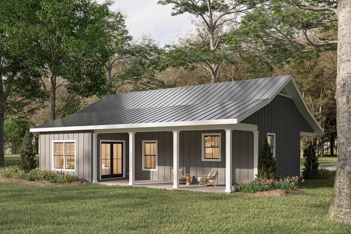 House plan exterior: one-story home with a metal gable roof, covered front porch with columns, and vertical siding.