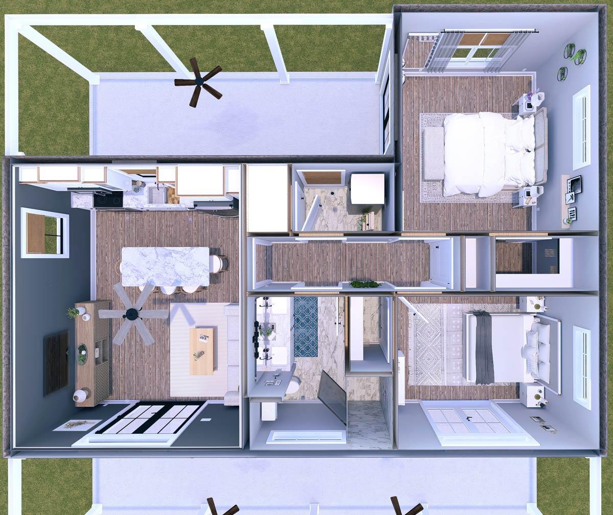 Plan 25058DH: 2-Bed Country Vacation House Plan with 10-Foot Deep Covered Front Porch - 1060 Sq Ft - Image #14 - Country, Ranch, Vacation