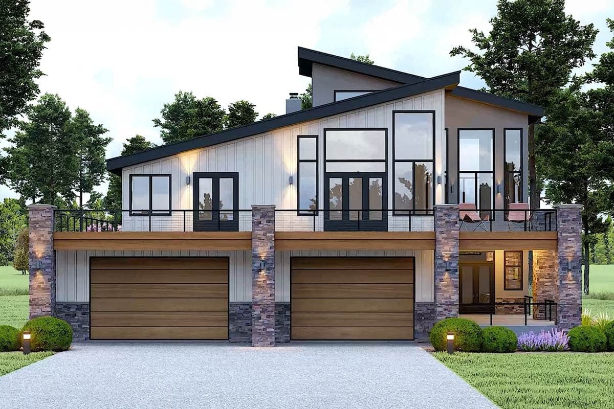Modern house plan exterior: two stories, angled rooflines, dual garage doors, upper-level balcony, and large glass windows.