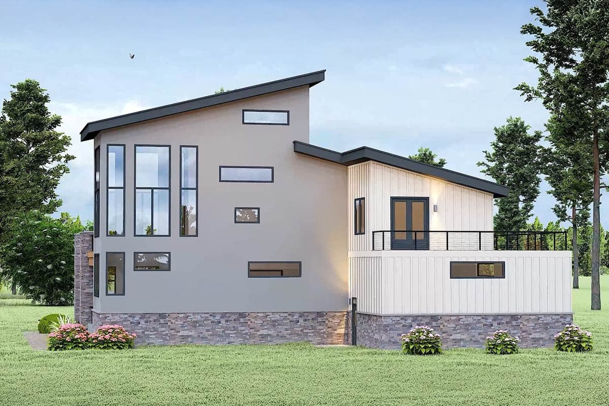 Modern house plan exterior with stone base, stucco walls, sloped rooflines, and multiple window sizes.