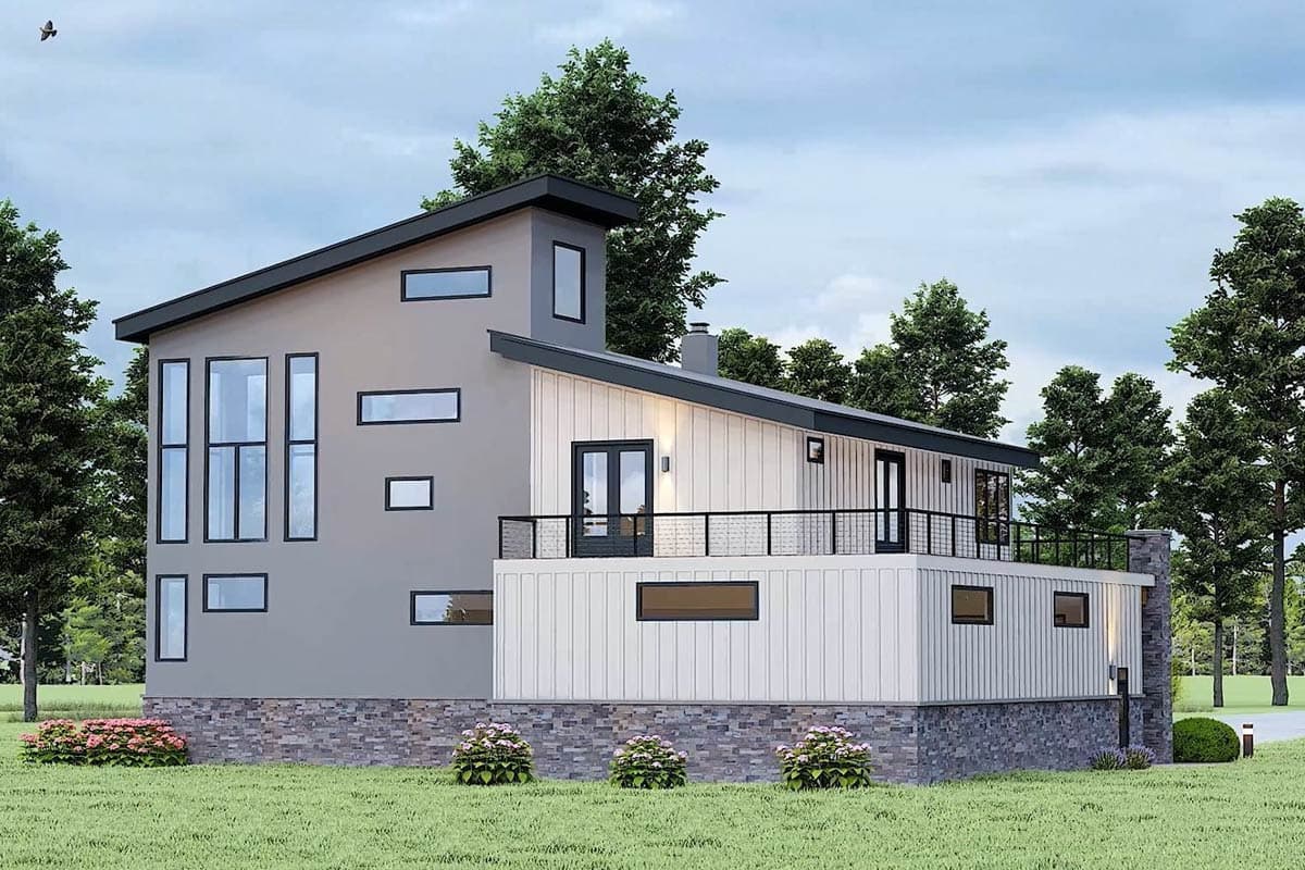 Modern house plan exterior with asymmetrical rooflines, large vertical windows, and a cantilevered deck.