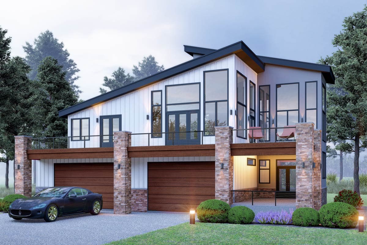 House plan exterior. Two-story modern style with board-and-batten siding, balcony, and a two-car garage. Features large windows and a flat roof.