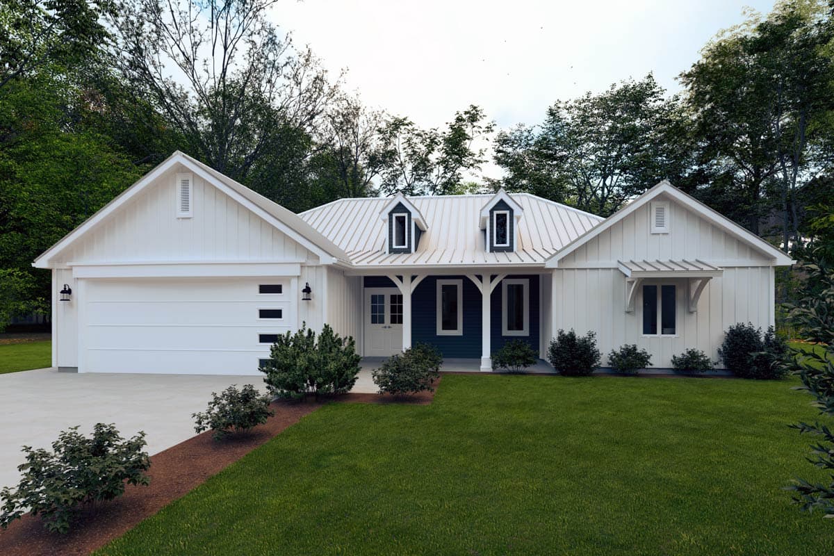 House plan exterior. One-story Modern Farmhouse with gables, dormers, and a shed-roof porch. Attached garage with panel door and windows.