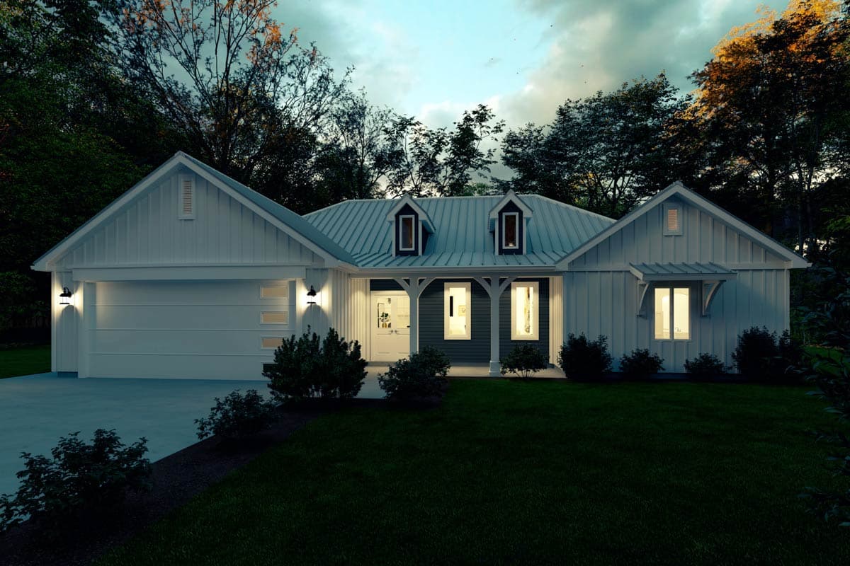 House plan exterior: Modern Farmhouse style, one-story with gable roof, dormers, covered front porch, and attached garage.