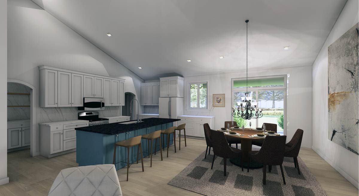 Interior rendering of an open-concept kitchen and dining area with vaulted ceilings, a large island, and dining table by window.