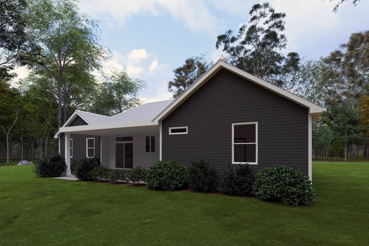 Modern farmhouse house plan exterior with dark siding, white trim, standing seam metal roof, and covered porch.