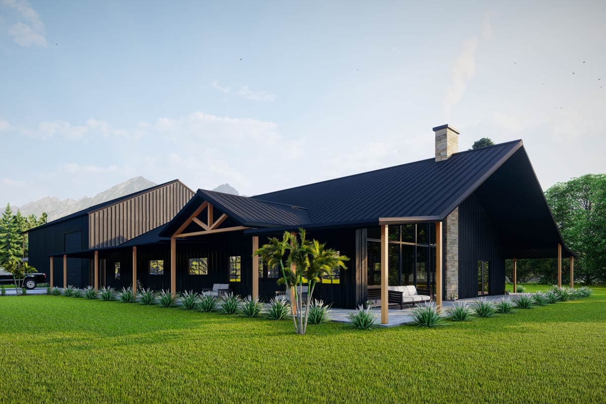 Modern farmhouse house plan exterior with a prominent gable roof, dark siding, and a covered porch with wooden posts.