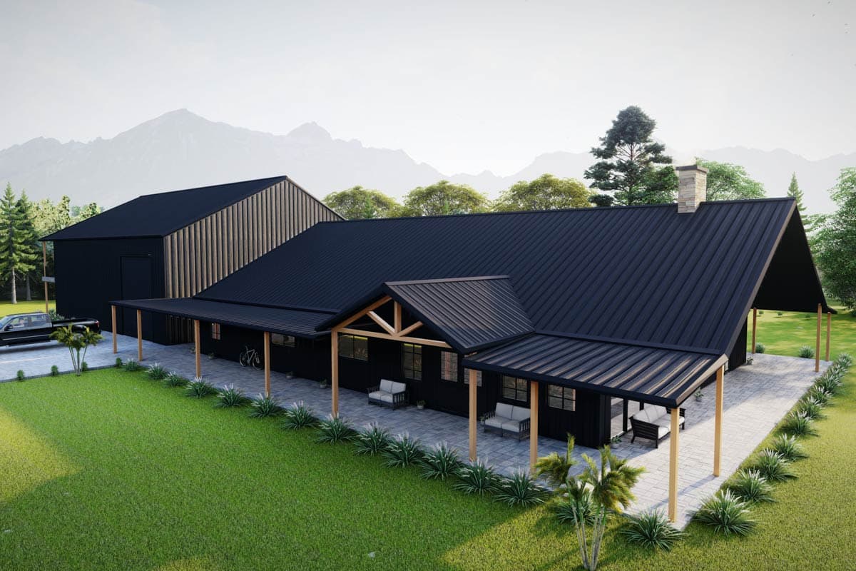 Modern Farmhouse house plan exterior with a wide covered porch, metal roof, gabled dormer, and attached garage. 119 characters.