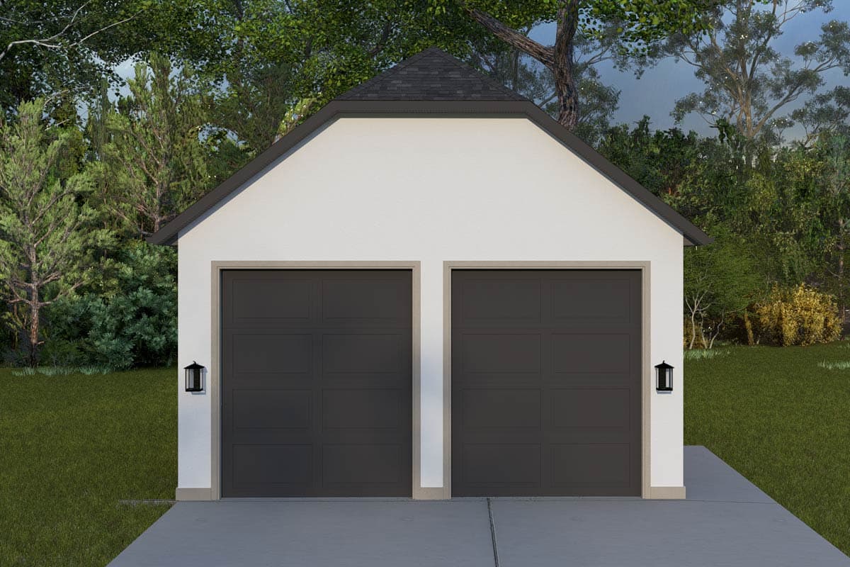 House plan exterior: two-car garage with dark gray doors, gable roof, and two black lanterns.