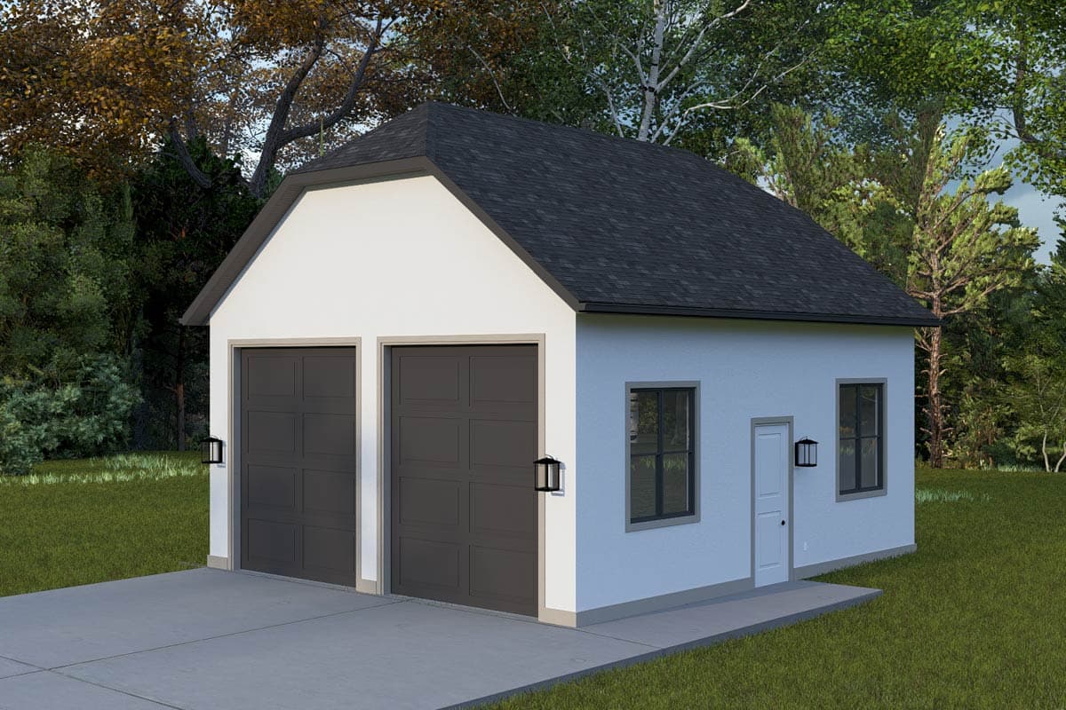 House plan exterior for a two-car garage with a gable roof, two dark garage doors, and a side entry door.