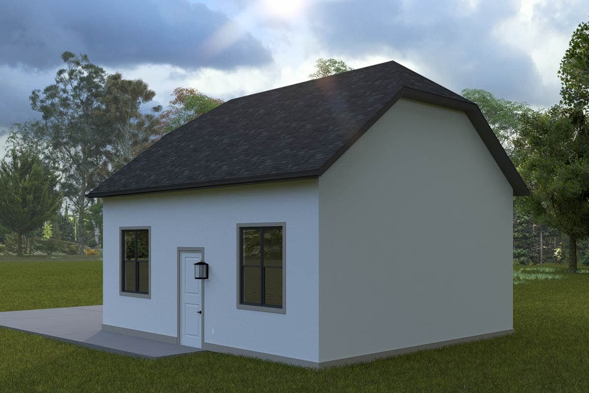 House plan exterior rendering of a one-story dwelling with a gambrel roof, single entry door, and two windows.