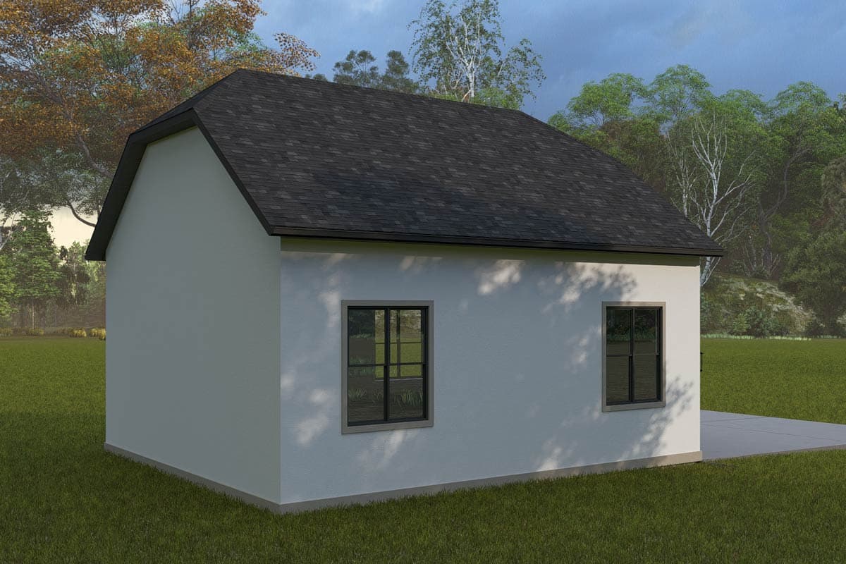 House plan exterior, one story, gabled roof, two windows, stucco siding, concrete patio.