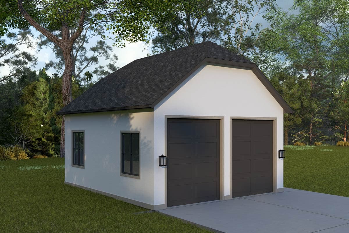 House plan exterior. Two-car garage with gabled roof, two windows, and dark garage doors. Exterior lighting fixtures flank the garage doors.