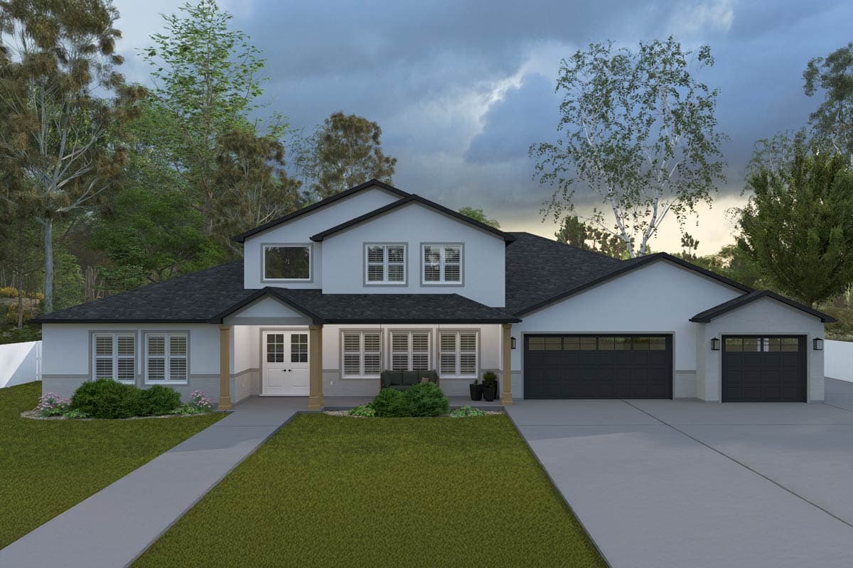 House plan exterior, two stories, hipped roof, covered front porch with columns, and a three-car garage.