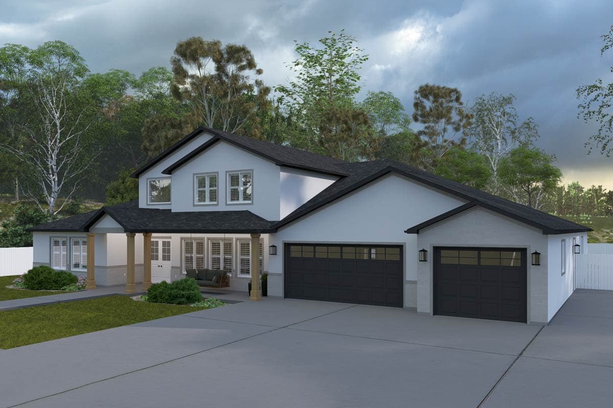 House plan exterior. Two-story, Modern Farmhouse style with a front porch, gabled roof, and two-car garage. Features include wood columns.