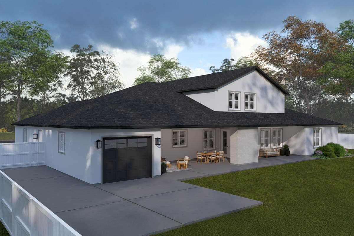 House plan exterior rendering of a two-story home with a two-car garage, pitched roof, and covered patio with seating.