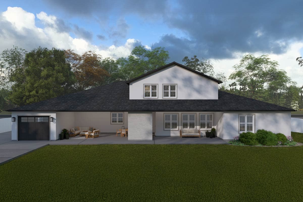 House plan exterior view of a two-story Modern style home with a gabled roof, attached garage, and covered patio.