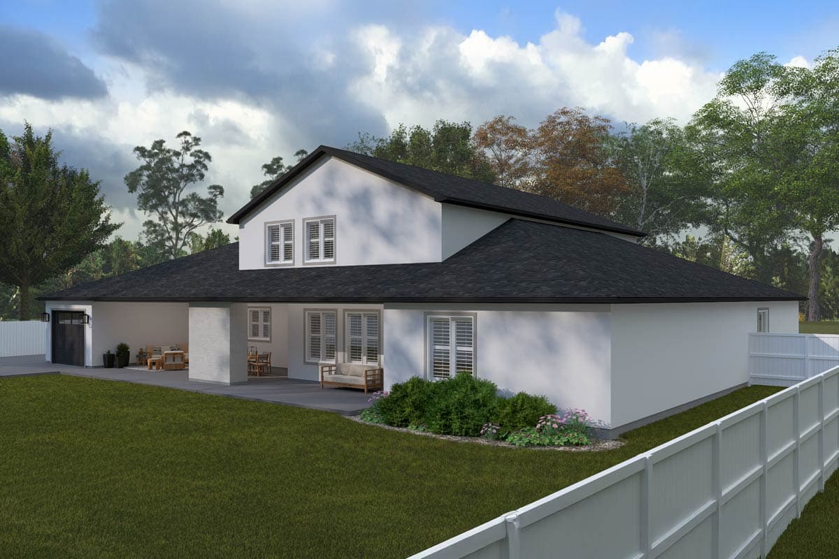 Modern house plan exterior: two stories, gabled roof, attached garage, covered patio, and multiple windows.