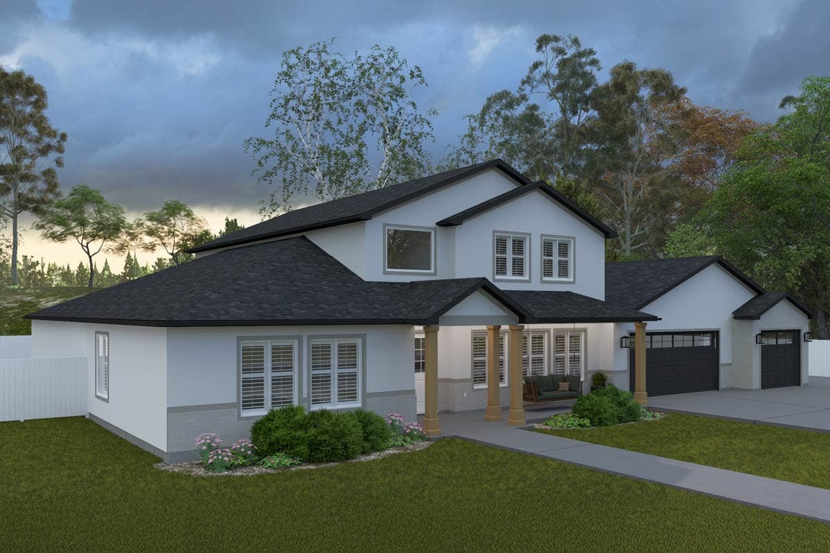 Two-story house plan exterior with a covered front porch supported by columns, multiple gables, and an attached two-car garage.