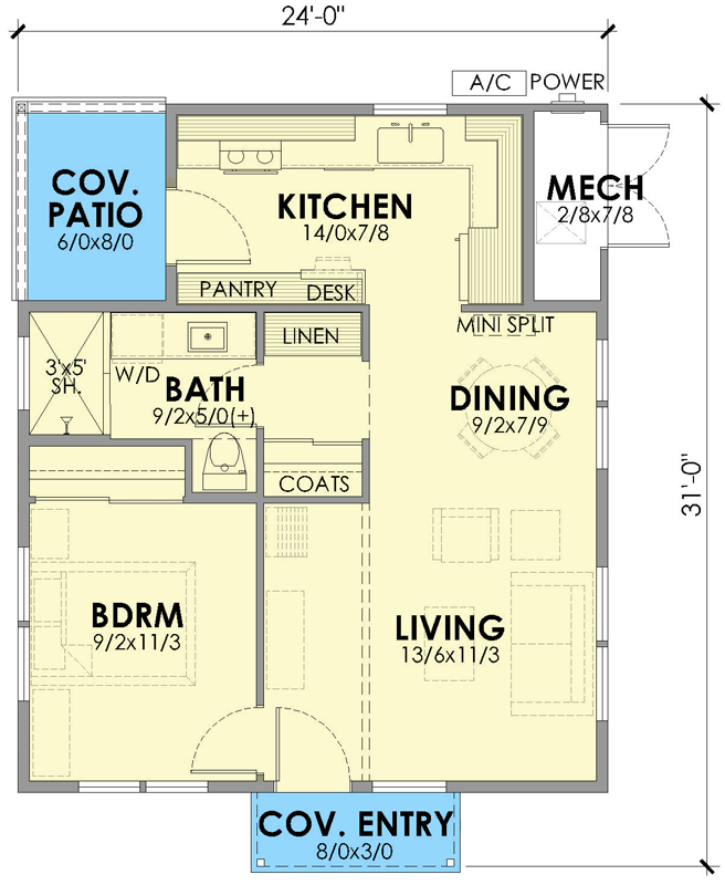Plan 470309REY: 1-Bed Contemporary Vacation House Plan Under 600 Sq Ft  - Floor Plan - Main Level - Contemporary, Vacation
