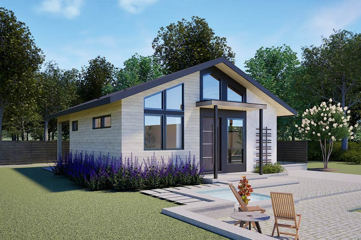 House plan exterior with a single story, flat roof, and large windows. The entry features a covered porch. Landscaping includes a patio and garden.