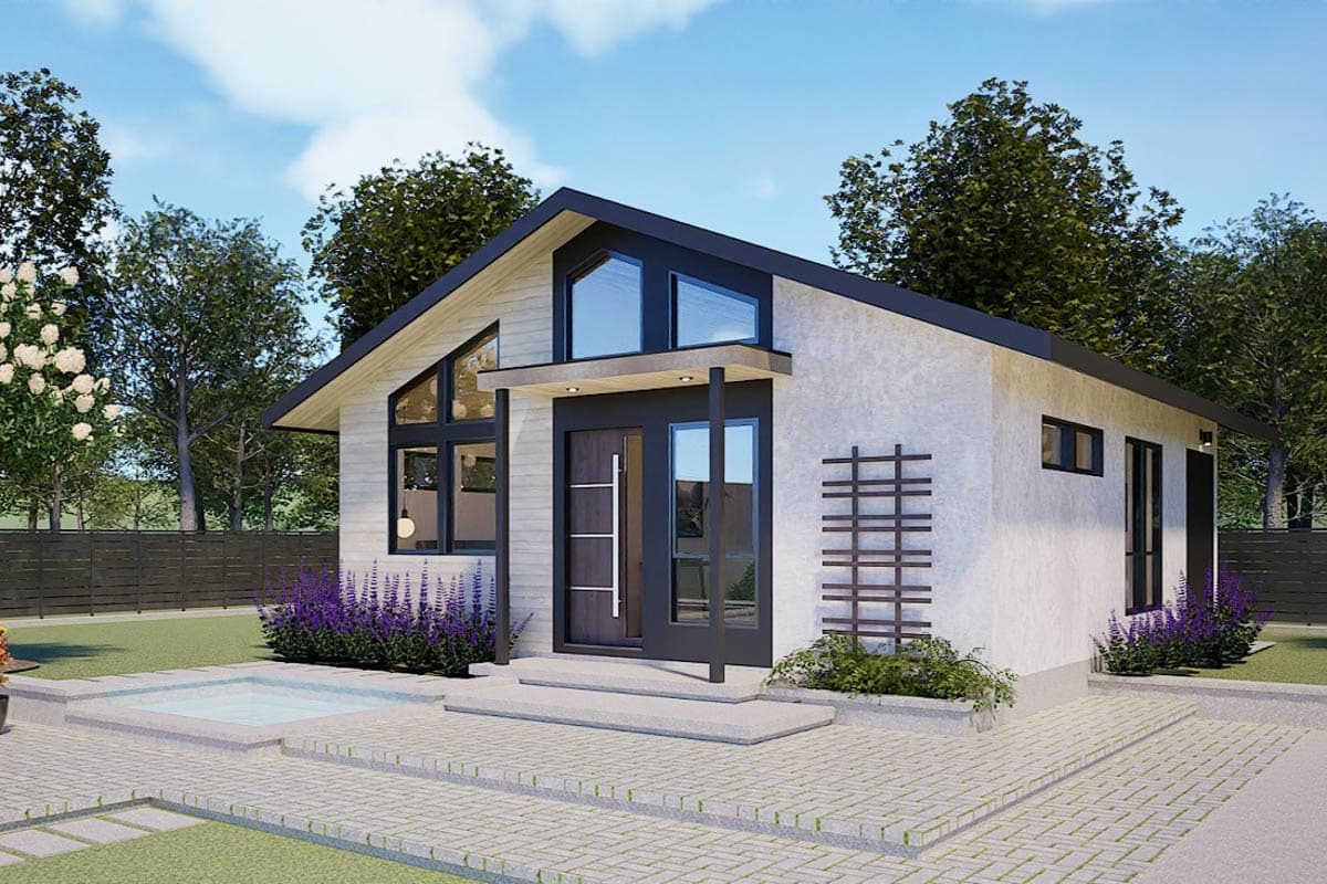 Modern house plan exterior with a pitched roof, prominent gable window, double entry doors, and stucco siding.