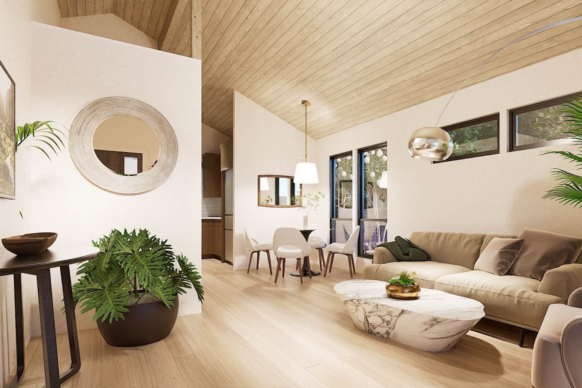 Interior rendering of a living and dining area with vaulted wood-paneled ceiling, sofa, dining set, and large windows.