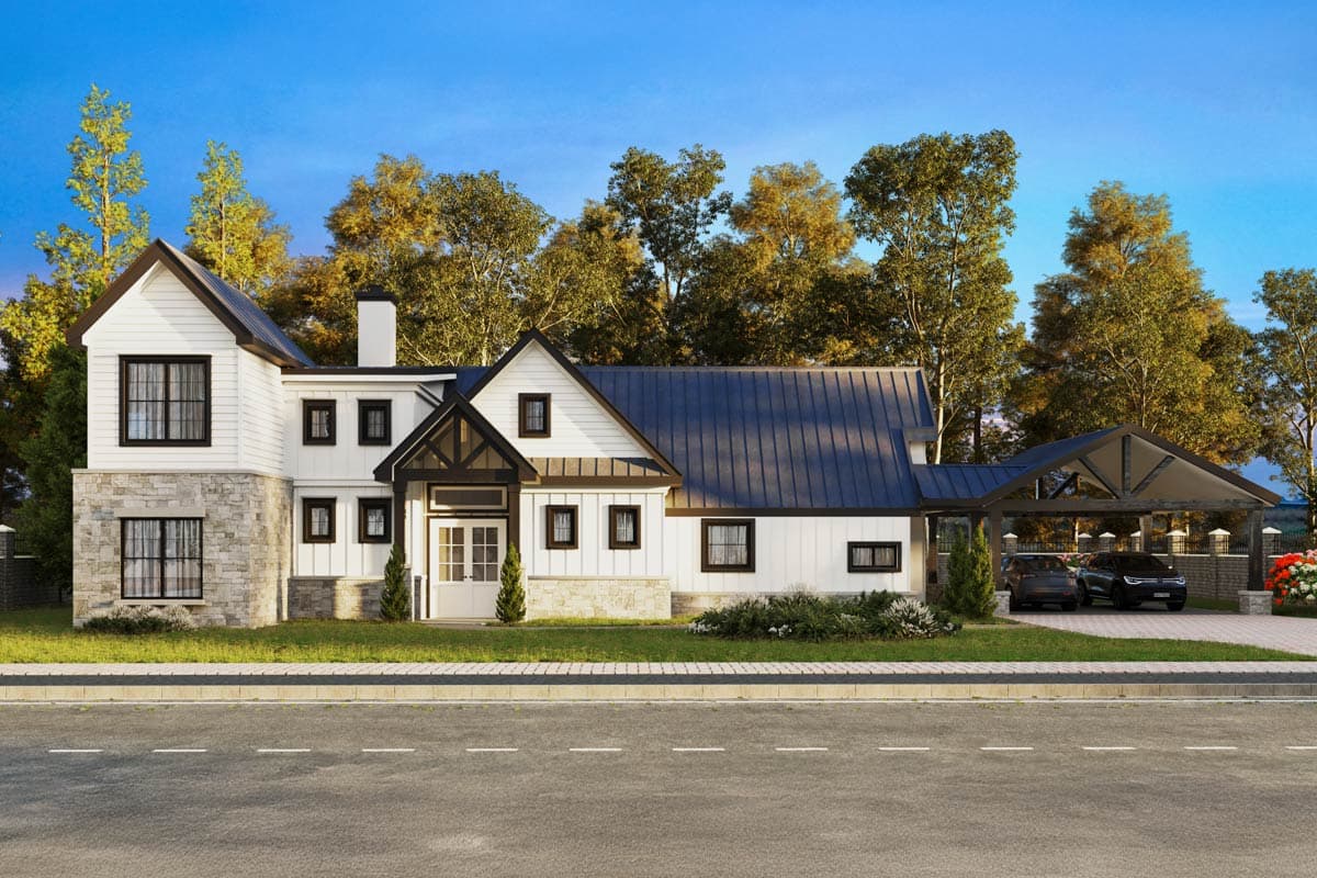 House plan exterior. Two-story Modern Farmhouse with gables, a metal roof, and a covered carport with exposed beams. White siding with black trim.