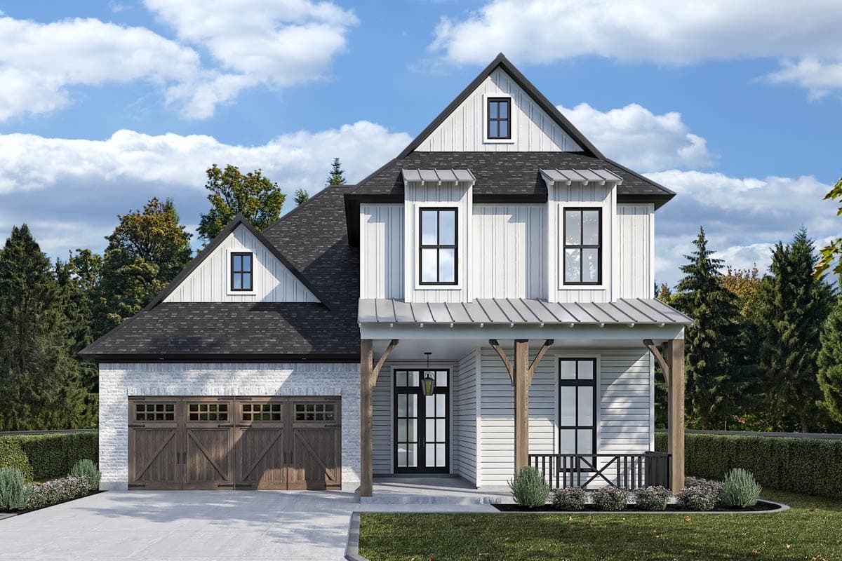 House plan exterior. Two-story Modern Farmhouse with gable roof, covered porch, dormers, and attached garage with wood doors.