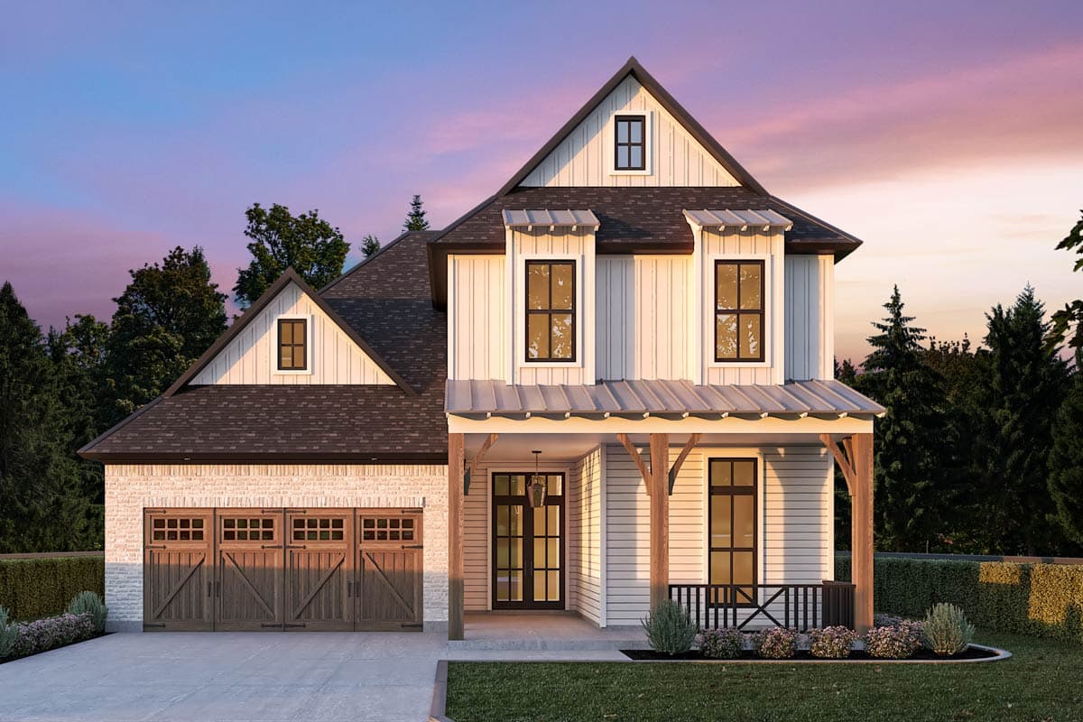 Modern Farmhouse house plan exterior with white vertical siding, gables, dormers, and a covered front porch with wood supports.