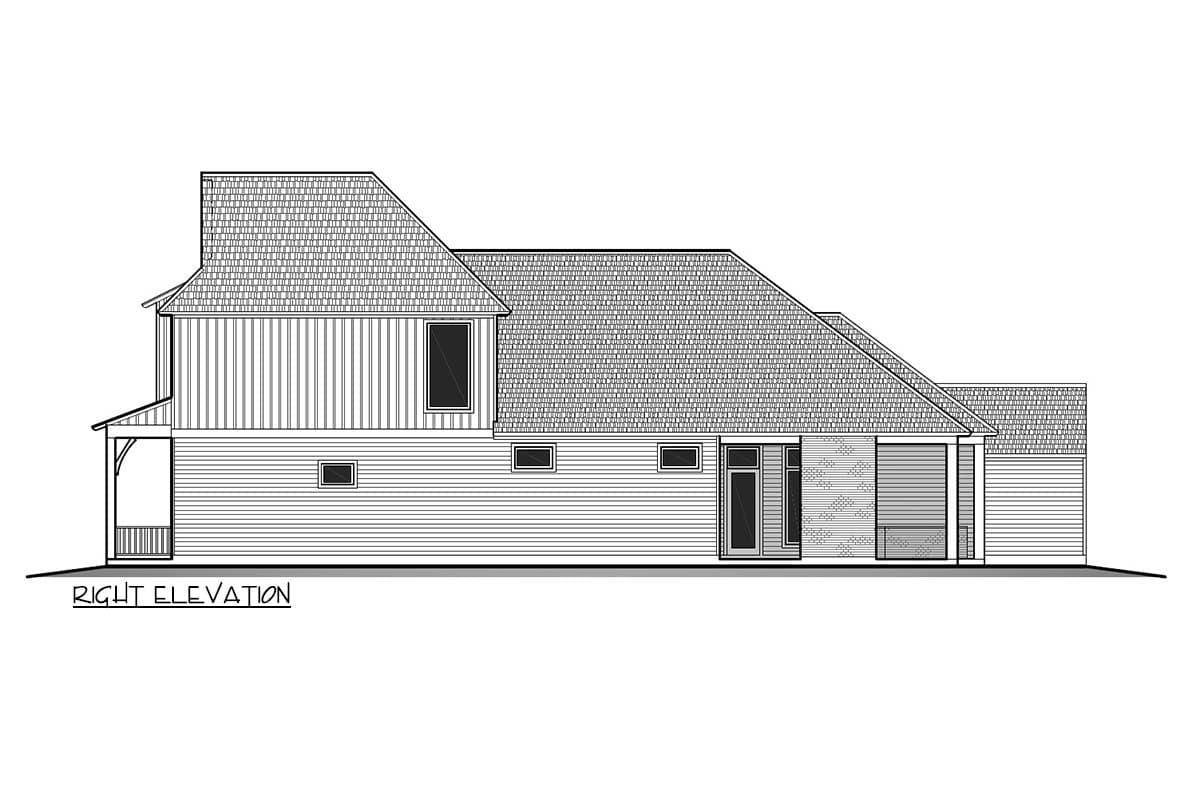 House plan right elevation featuring a prominent dormer, screened porch, and multi-level rooflines.